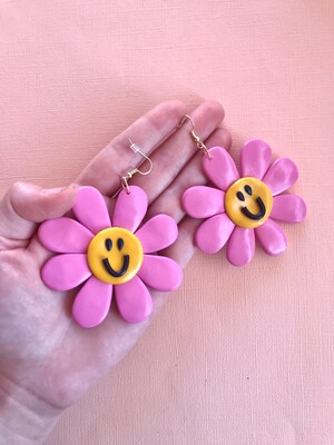 Flower power giant flower earrings, pink smile flower earrings, retro statement earrings, hippie style, groovy earrings, giant flowers - image1